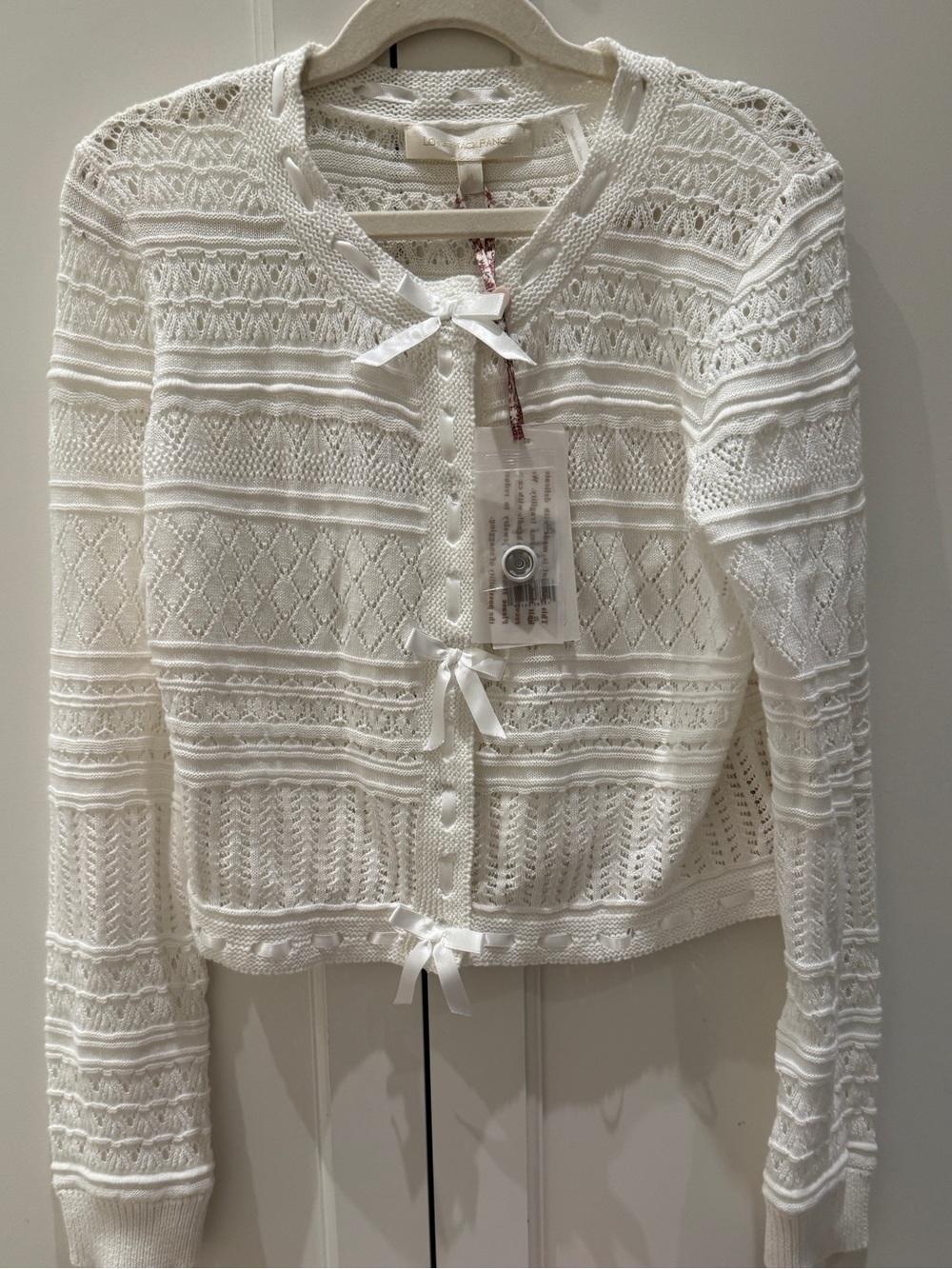 LoveShackFancy Ivory Openwork Bow-Trim Cropped Cardigan